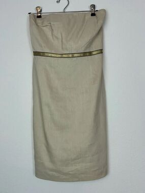 Lela Rose Loft Strapless Beige Linen-Blend Dress with Gold Metallic Waist Trim